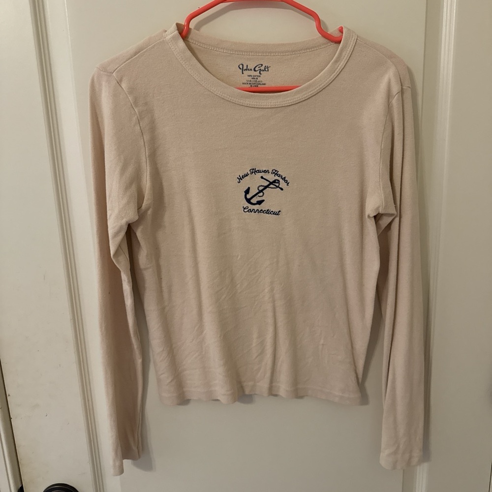 Brandy Melville Cream Long Sleeve with Navy Embroidery